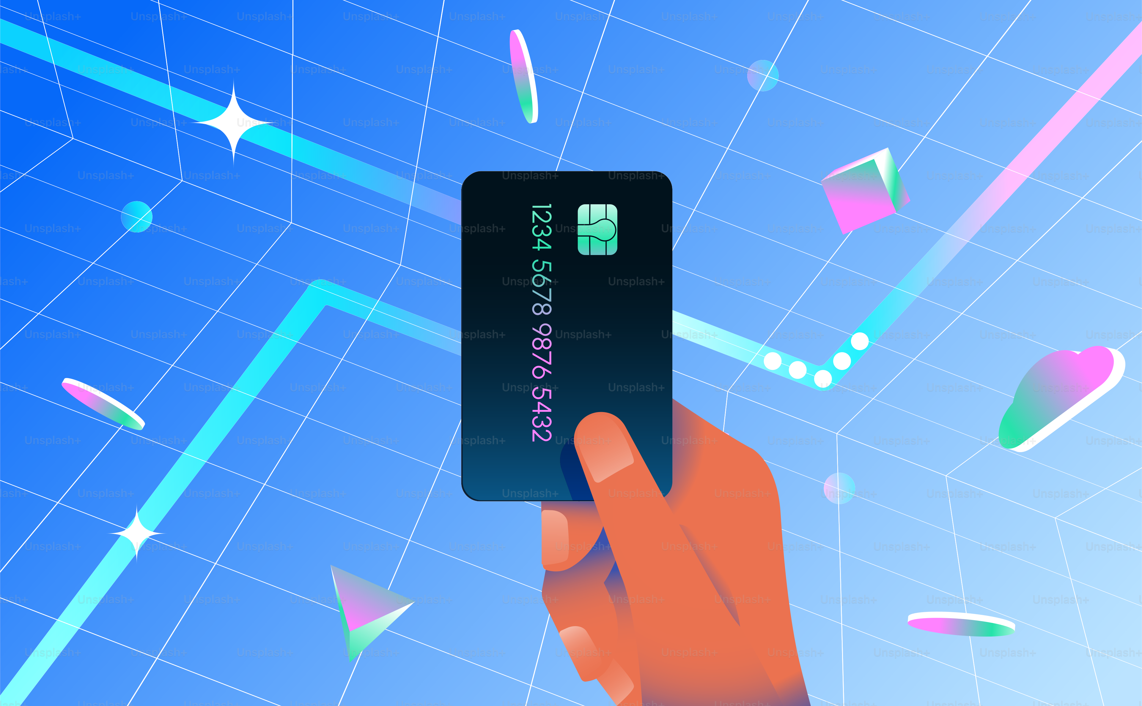 Hand holding credit card on a glow background. Contactless payment, fintech, online shopping concept. Vector illustration.