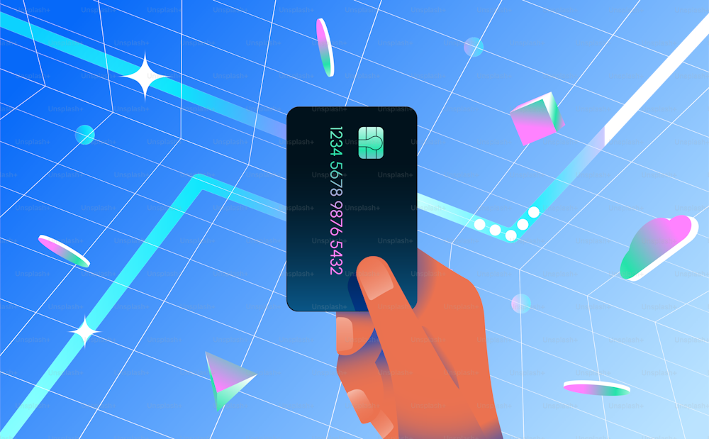Hand holding credit card on a glow background. Contactless payment, fintech, online shopping concept. Vector illustration.