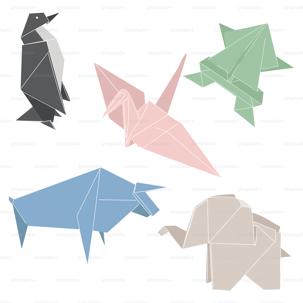 Un simpatico set di animali origami. Figurina di carta piegata giapponese. Pinguino, gru, toro, elefante, rana. Isolato su bianco.
