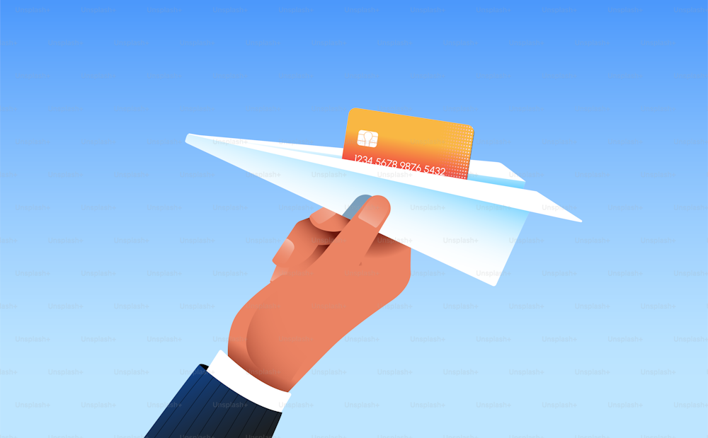 Hand holding paper plane with credit card inside. Sending money, contactless payment concept. Vector illustration.