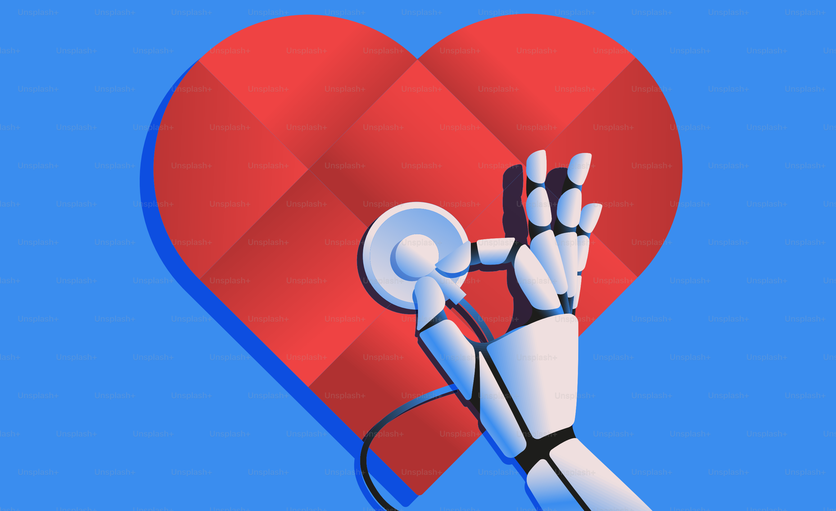 Robotic hand with stethoscope checking heart. Artifical intelligence in medicine and healthcare concept. Vector illustration.