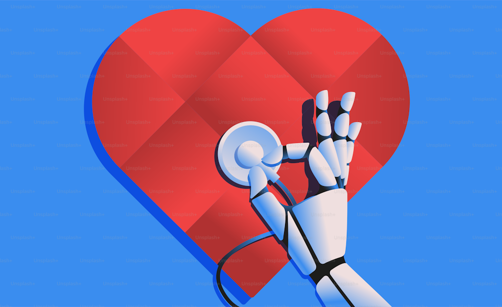 Robotic hand with stethoscope checking heart. Artifical intelligence in medicine and healthcare concept. Vector illustration.