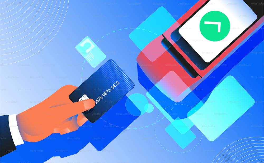 Hand holding credit card and POS terminal. Contactless payment, shopping concept. Vector illustration.