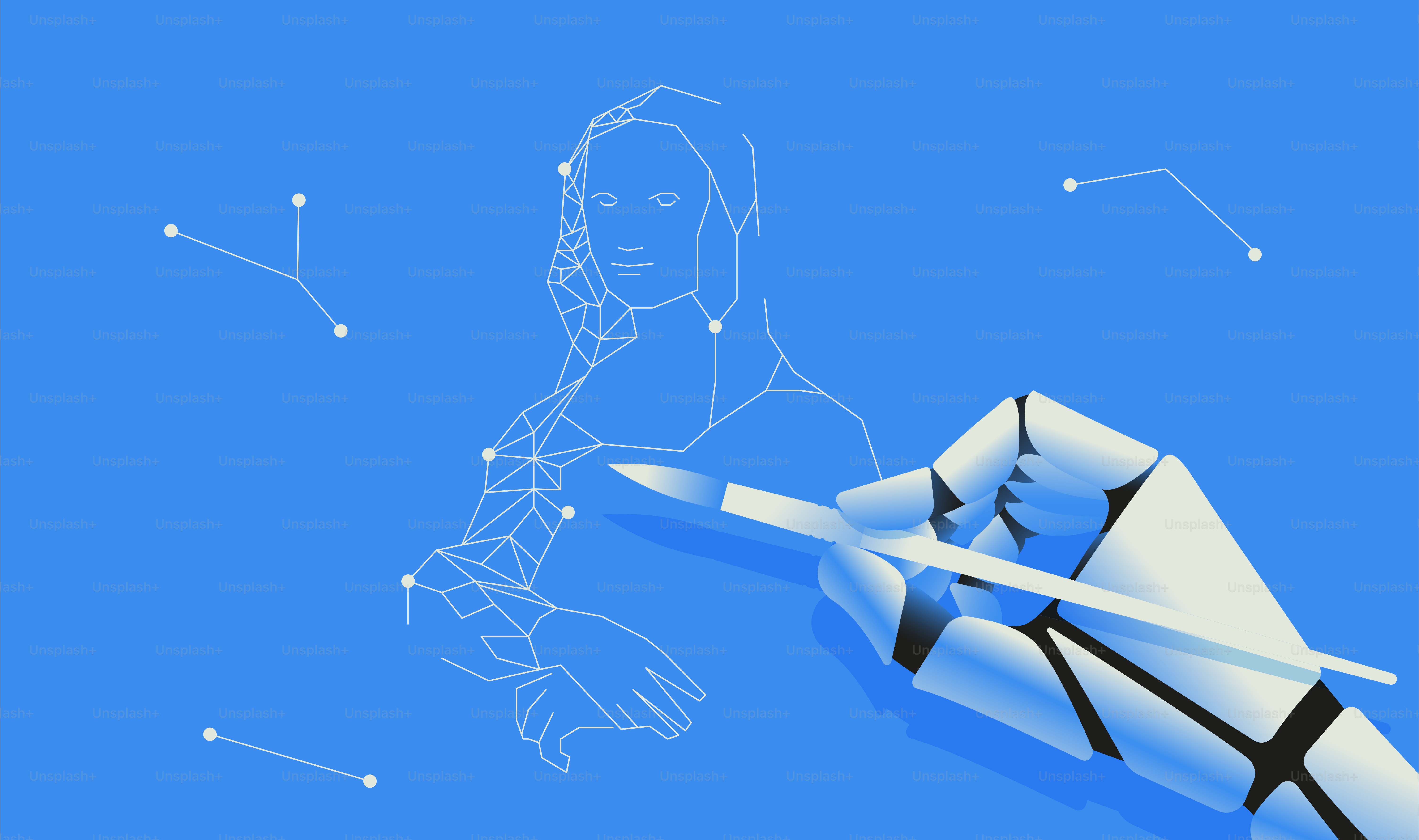 Roboter-Handzeichnung Mona Lisa. Künstliche Intelligenz, Konzept des maschinellen Lernens. Vektor-Illustration.