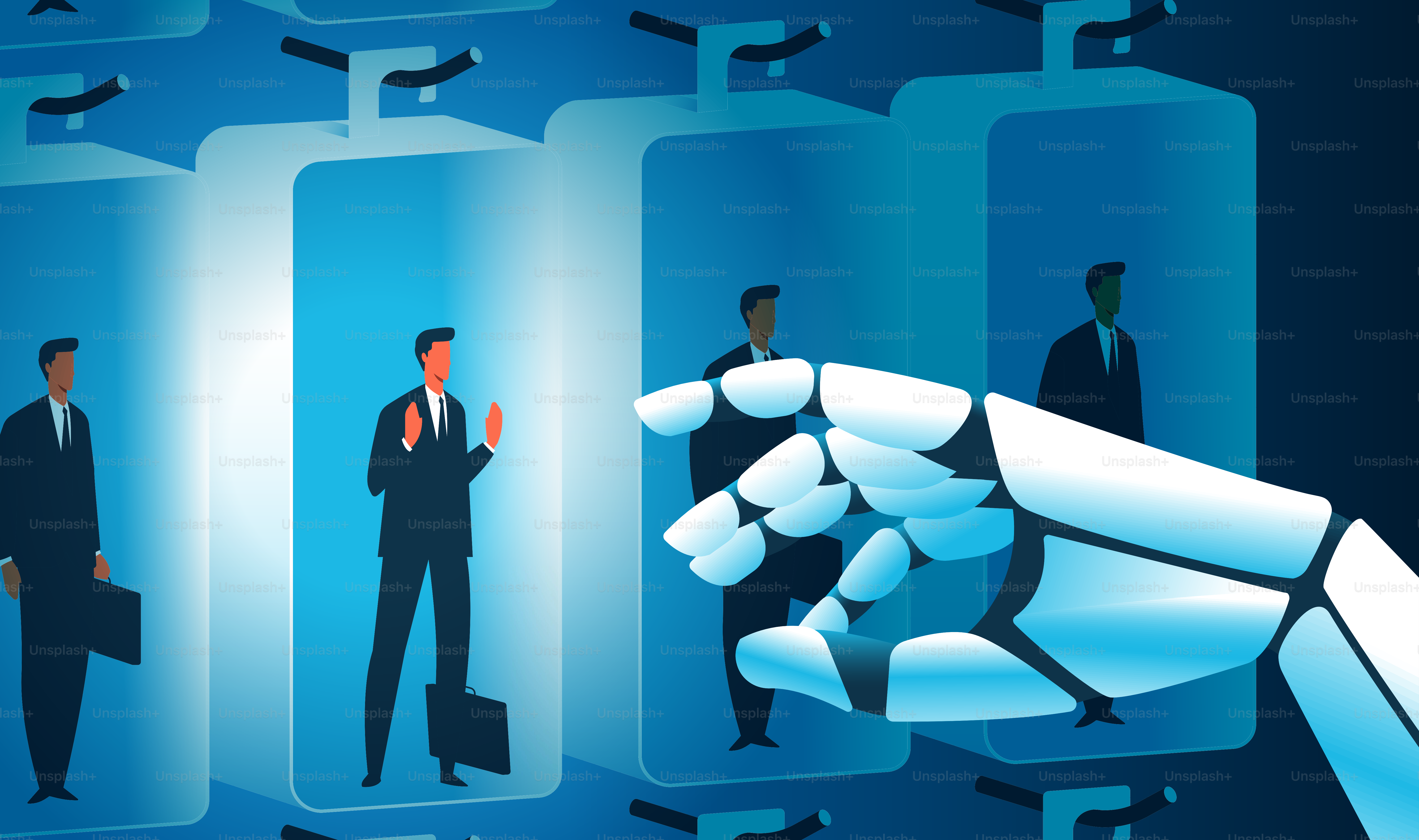 Robot choosing a box with employee as a toy. Using artifical intelligence technologies in interviews, search of candidates and employment. Vector illustration.