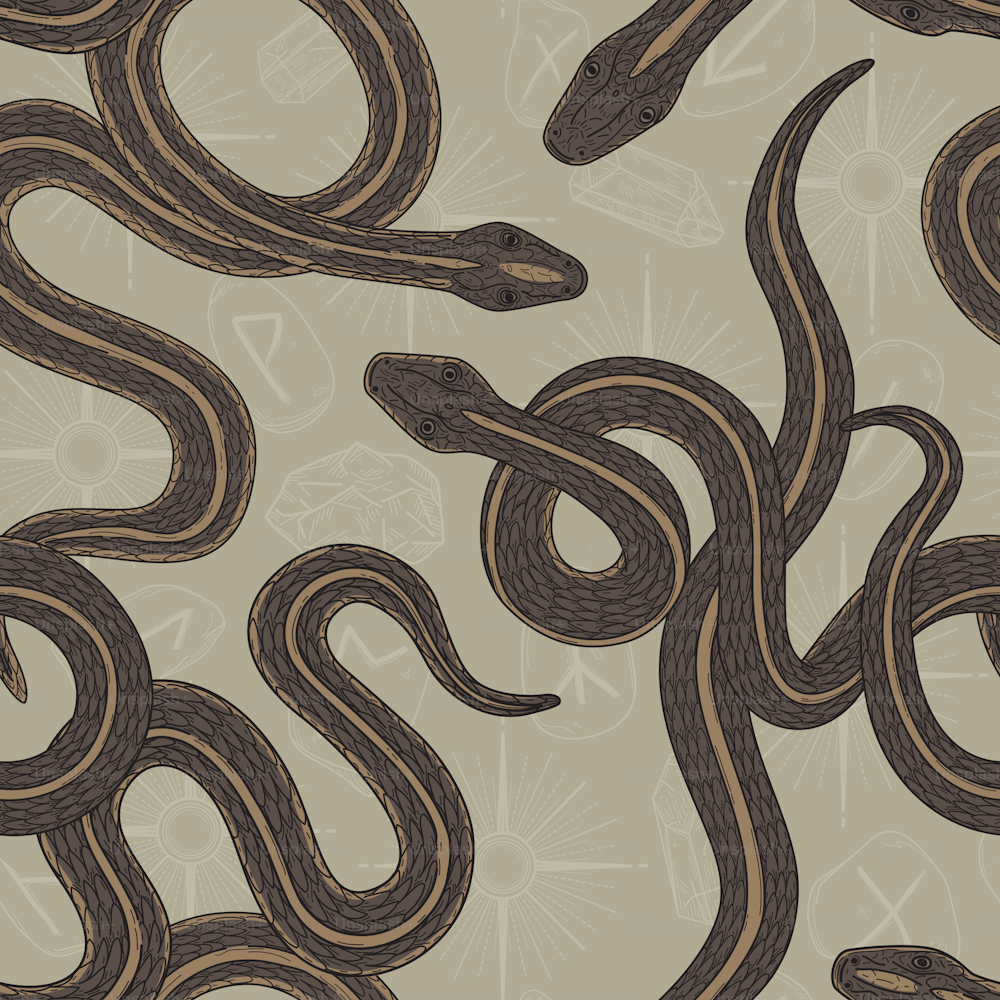 A seamless patterned background perfect for budding spellcasters. Featuring snakes, runes, stars, and gem stones. Witchcore, dark academia, spooky vibes aplenty. Background is separated with global colours, easy to change up.