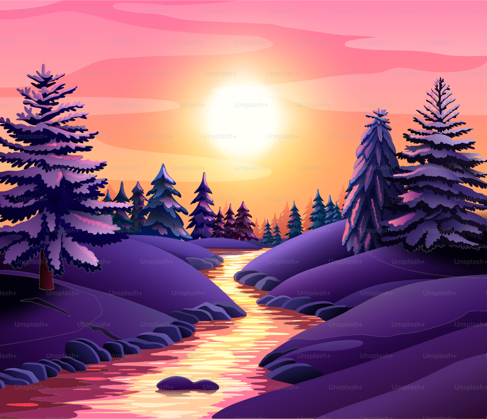 地平線に沈む夕日を背景に、雪に覆われた木々で飾られた息を呑むような冬の風景が広がります。自然の穏やかな美しさは、この絵のように美しい冬の風景に包まれています。ベクトル図EPS10。