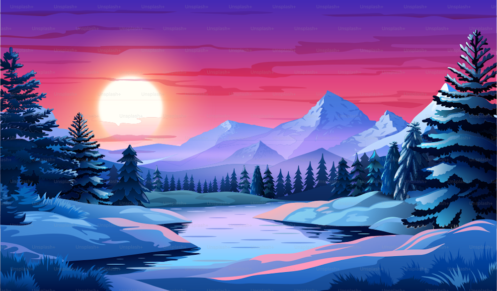 A picturesque winter landscape featuring elegant trees, snow-draped mountains, and a breathtaking sunset gently kissing the horizon, creating a scene of serene beauty.