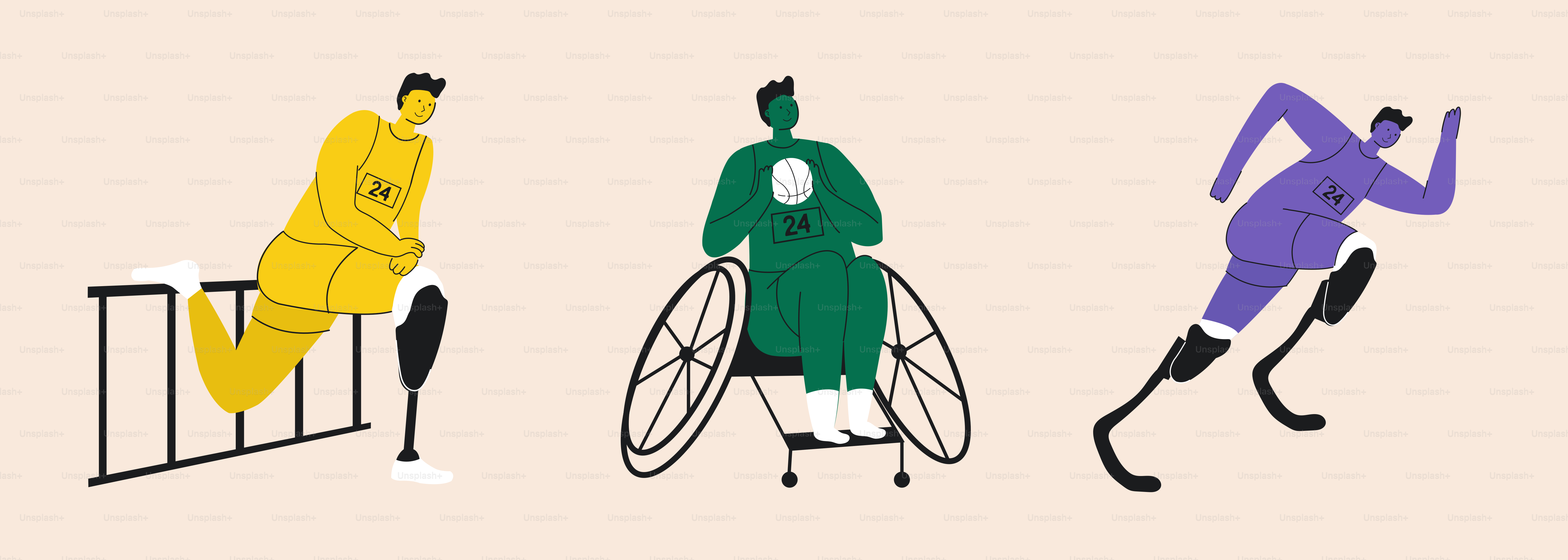 Glückliche und selbstbewusste paralympische Athleten mit unterschiedlichen Behinderungen. Isoliert auf Weiß.