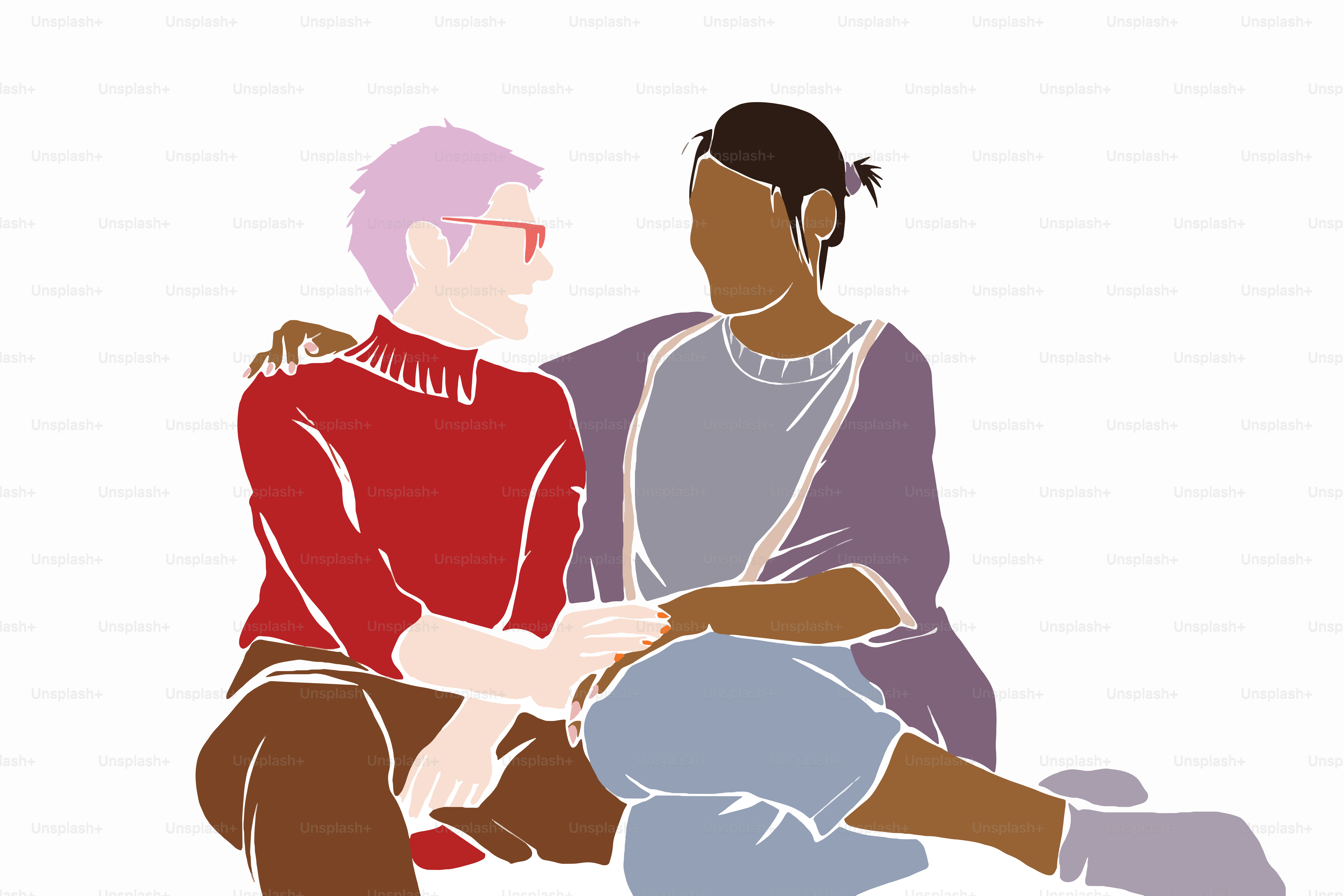 Diseño de pareja lésbica abrazándose mientras se toman de la mano