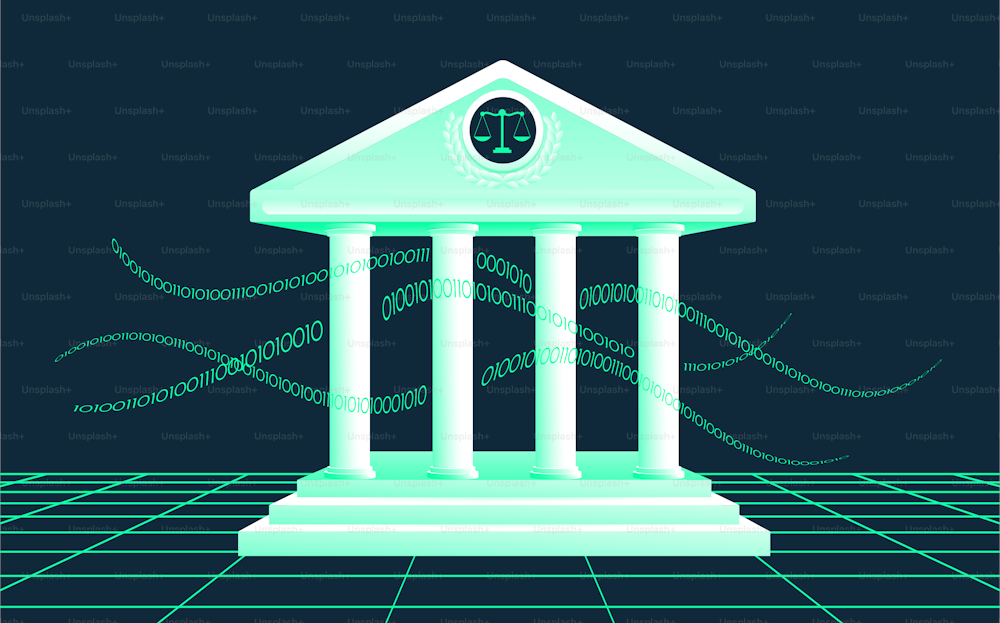 Ai courthouse with binary code lines. Ai regulation, lawsuit in a digital industry concept. Vector illustration.