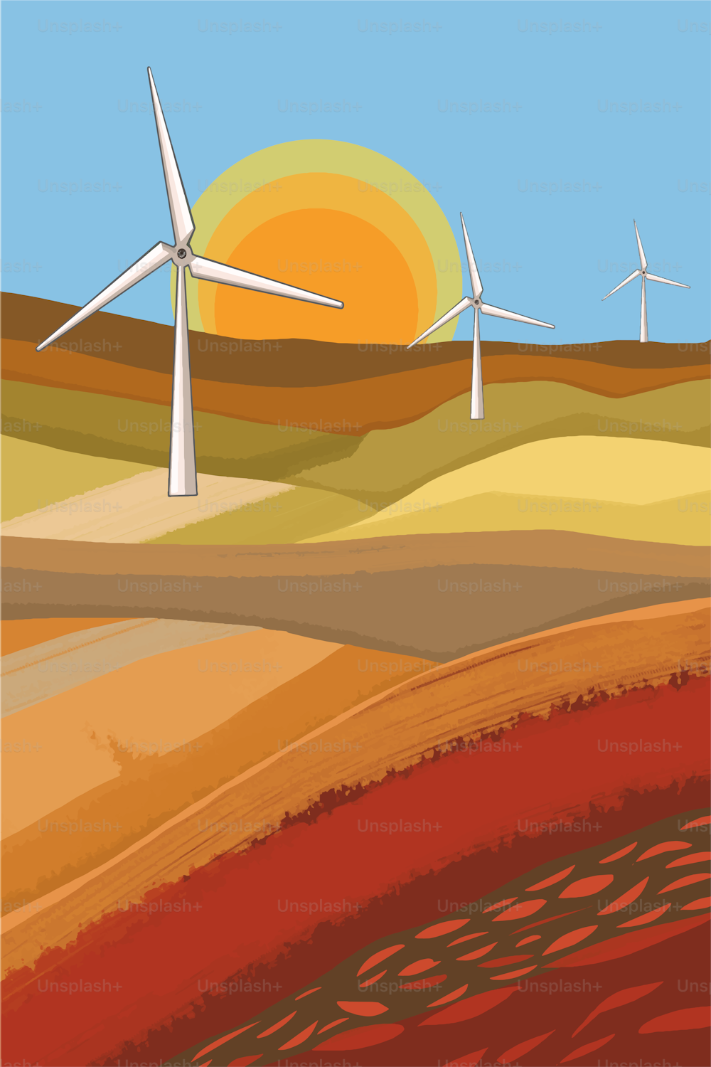 Três turbinas eólicas ao nascer do sol