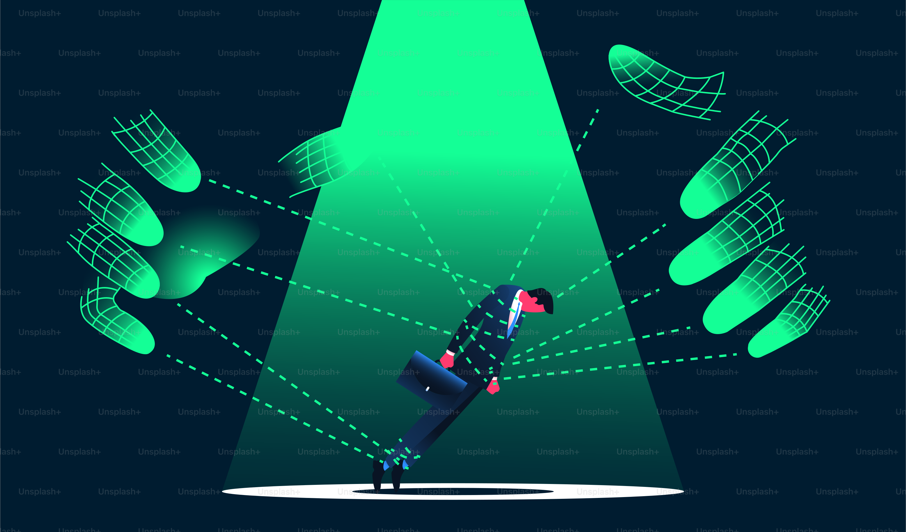 Digital hands manipulating by a man in the suit. Internet risks, artifical intelligence anxiety concept. Vector illustration.