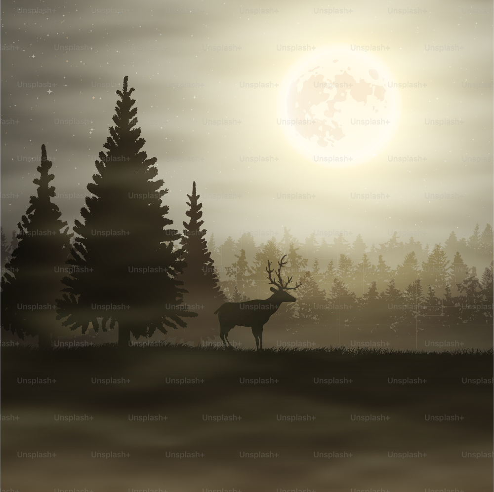 Paisagem noturna com veados, lua e floresta. Ilustração vetorial EPS10 efeito de transparência, malha gradiente.