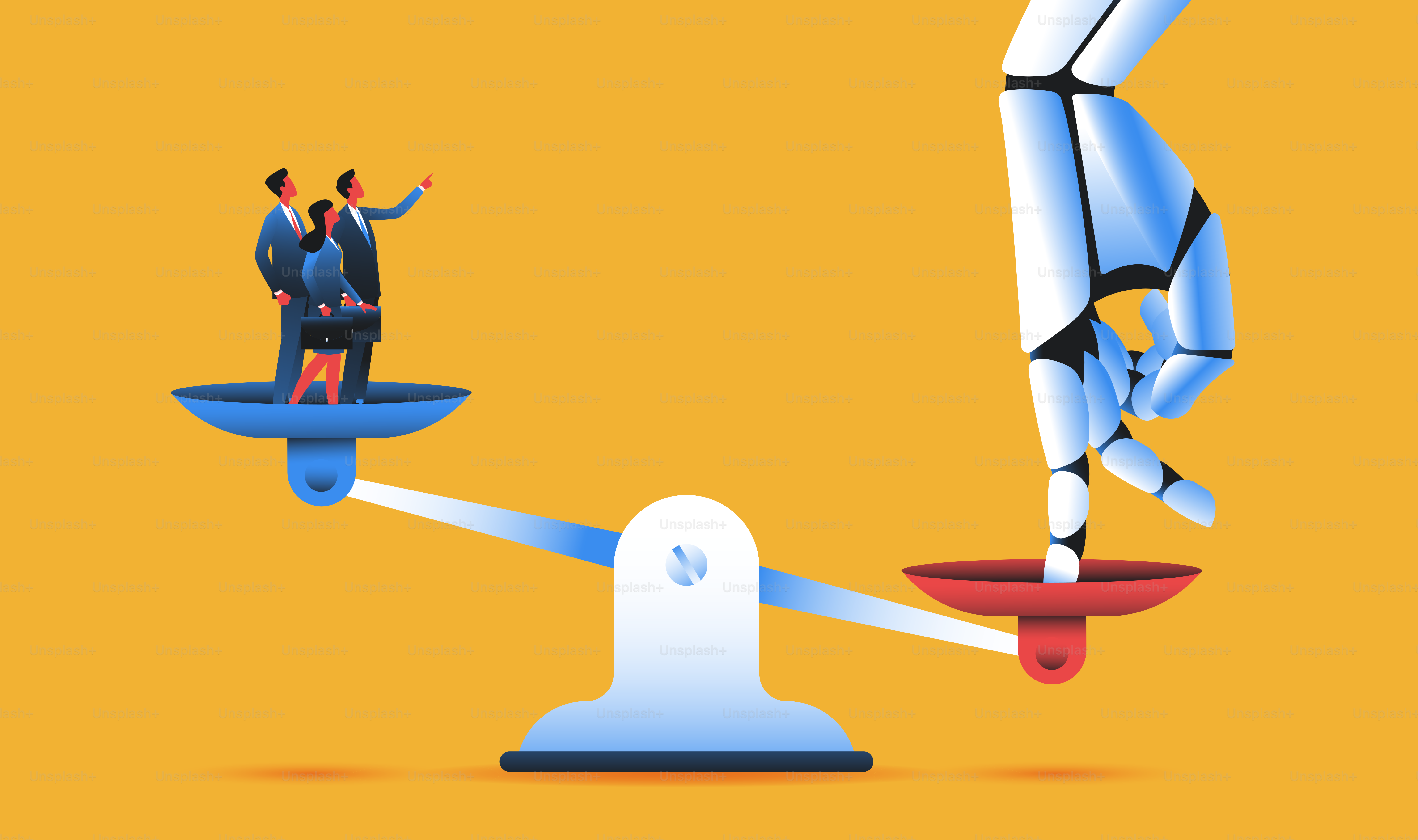 Group of employees and giant robotic hand on a scale. Ai and career, artificial intelligence anxiety and job issues concept. Vector illustration.