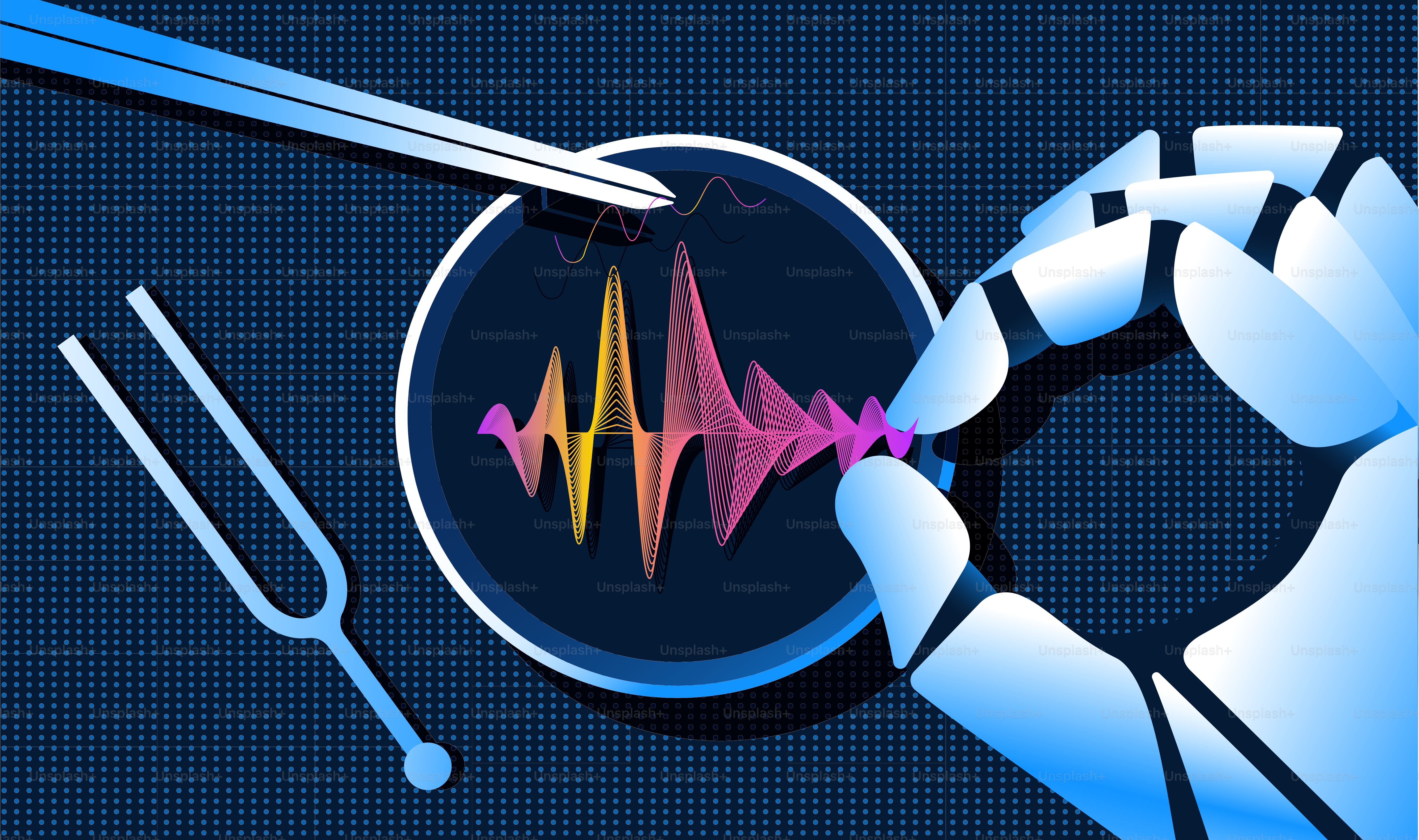 Robot creating audiowave. Cloning of human voices with the help of artifical intelligence concept, generative audio content concept. Vector illustration.