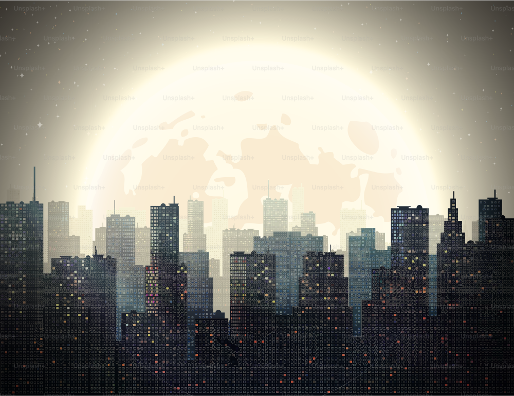 Vector illustration of night city with the moon.