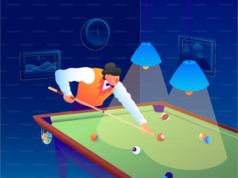 Billiards. A focused man leans over a pool table, cue in hand, lining up his shot with intense concentration. The green felt provides the backdrop for his precision as he calculates angles and strategy in the game of billiards. Vector illustration.