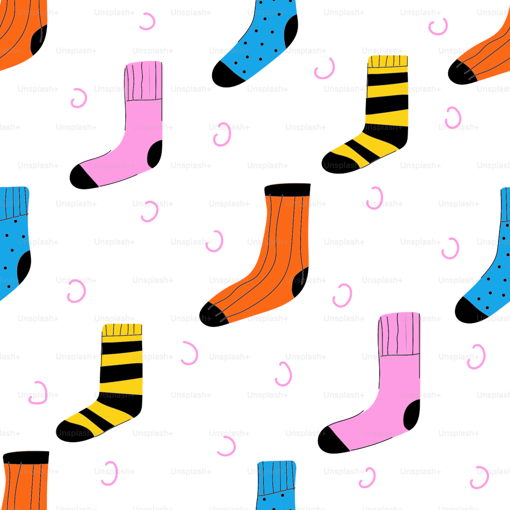 Seamless pattern with colorful doodle socks. Background, banner, poster, wrapping paper, wallpaper template.