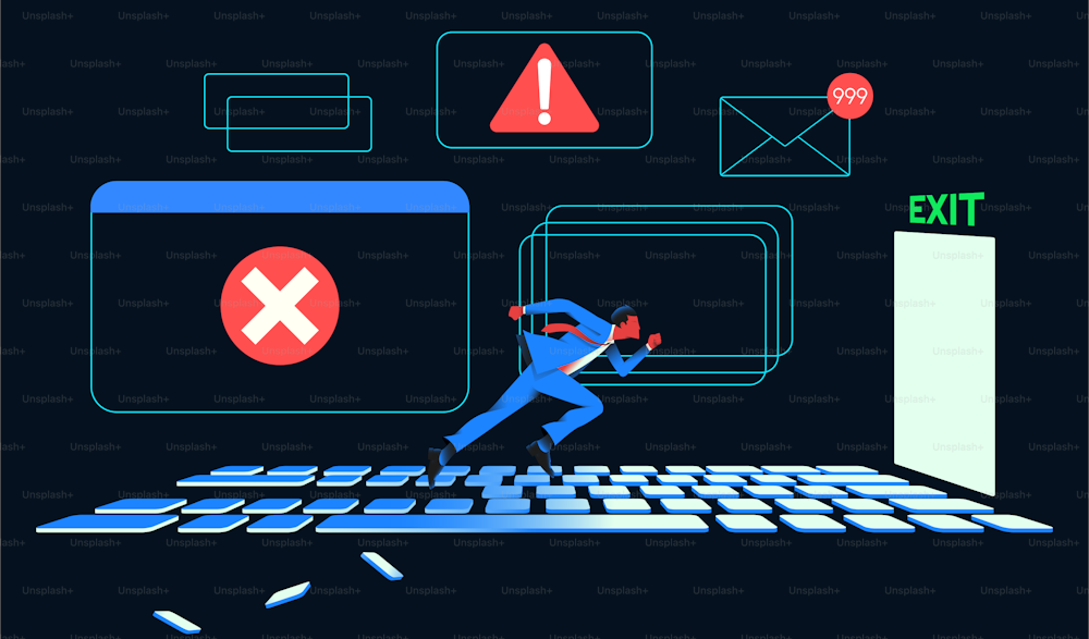 Man running on the crumbling keyboard to the exit. Overwork, digital detox, escape concept. Spam and other computer problems. Vector illustration.