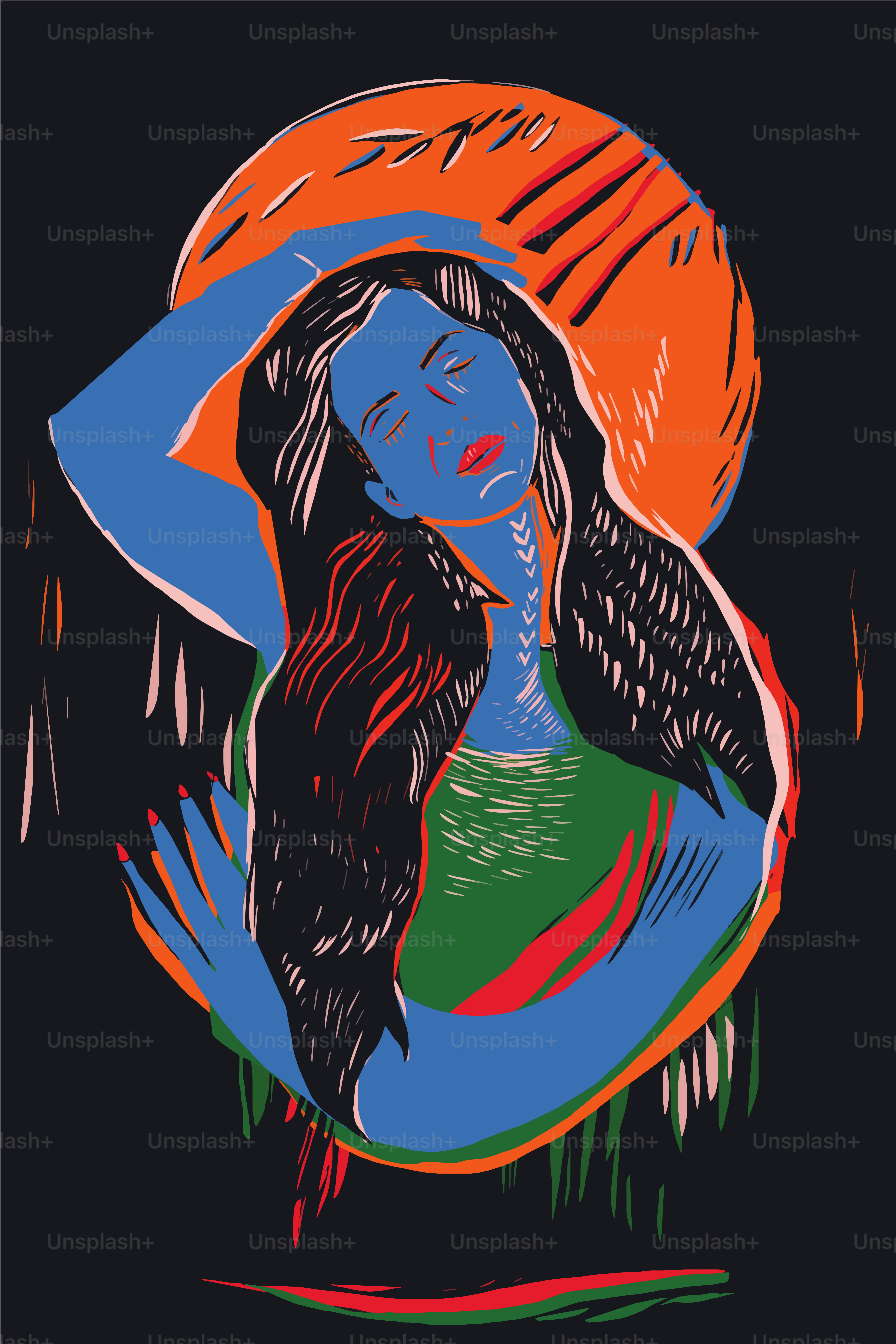 Portrait of a young woman, digital Linocut technique vector – Fashion ...