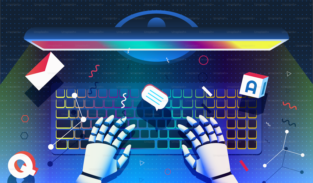 Robot typing on a computer. Generative text, artifical intelligence assistant, prompt engeneering concept. Vector illustration.