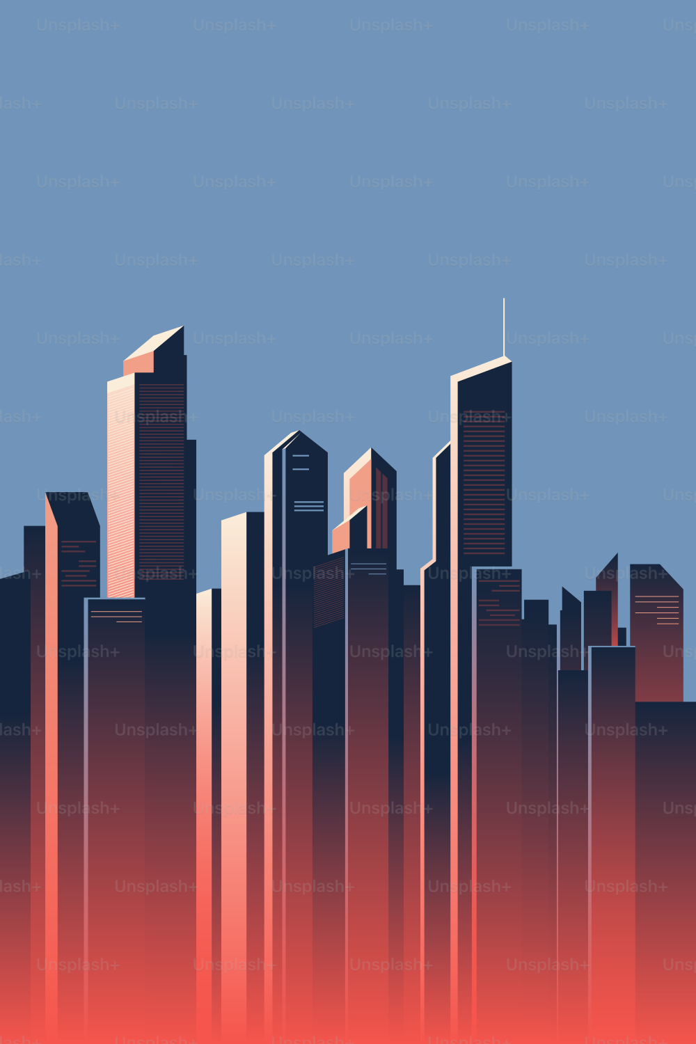 Cityscape in red, blue, and grey.
