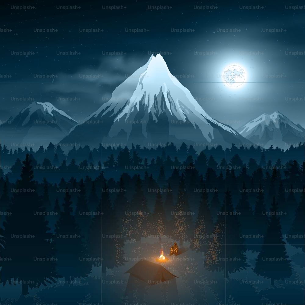 Mountain landscape with forest and a man with a tent and campfire.