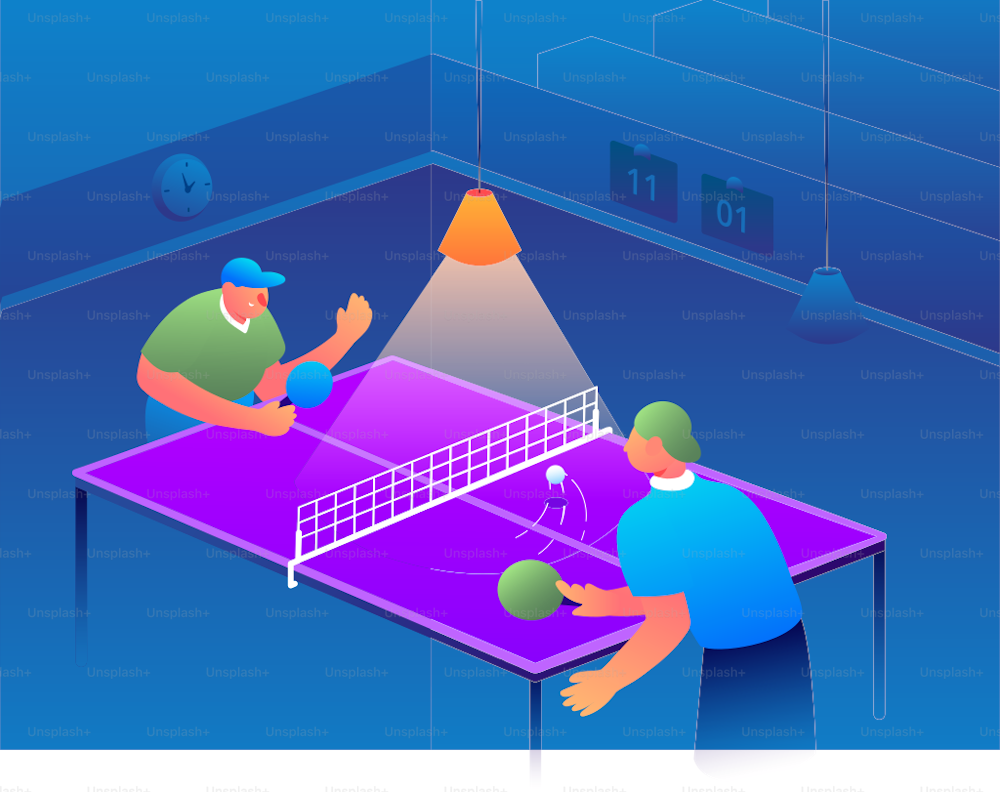 Dynamic flat-style vector illustration depicting a lively game of table tennis (Ping Pong), showcasing players engaged in intense action, wielding paddles against a bouncing ball, encapsulating the sport's energy and excitement in vibrant, modern design.