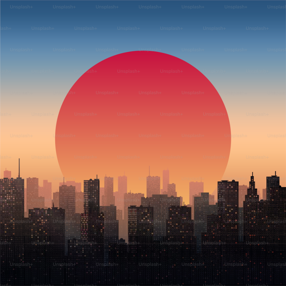 Vektorillustration der Stadt bei Sonnenuntergang.
