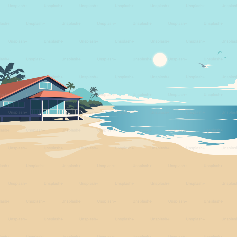 Tropical summer. A bungalow at the seashore facing the ocean. Sandy beach in the rays of gentle sun with a seagull in the blue skies.
