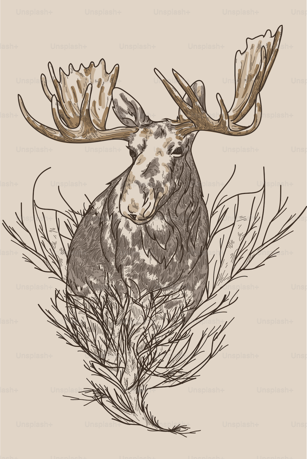 Moose illustration merged with leafless tree branches.