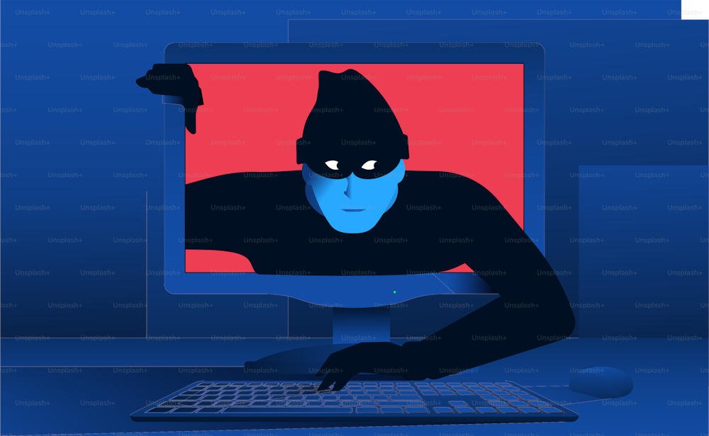 Thief getting out of computer monitor. Hacking, cybersecurity, internet fraud concept. Vector illustration.