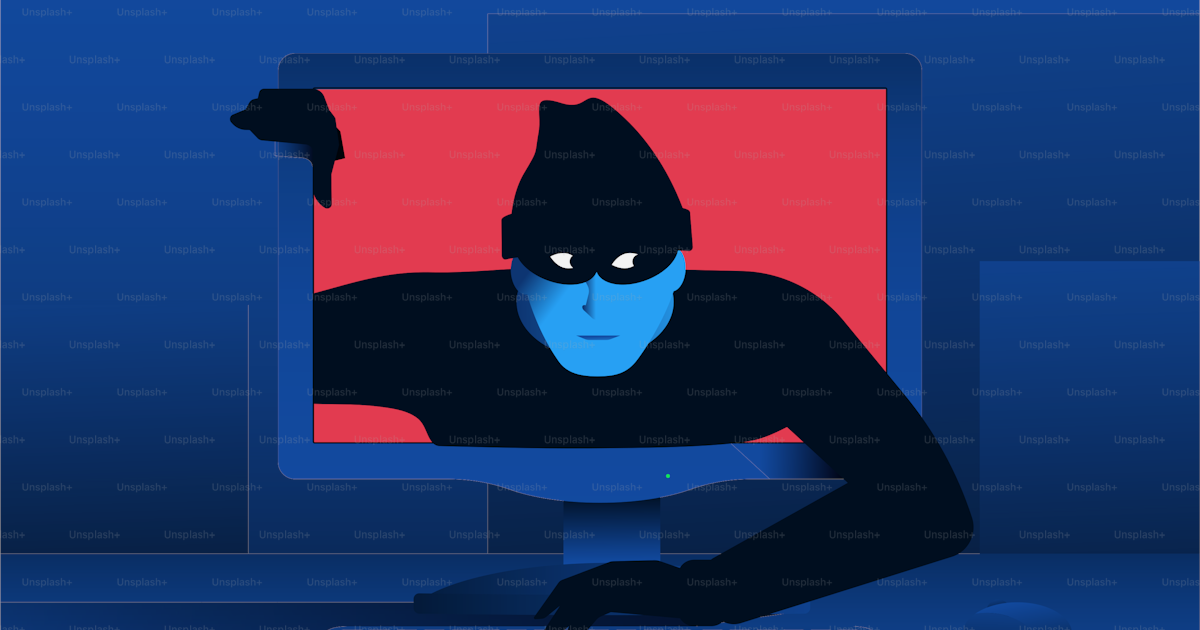 Thief getting out of computer monitor. Hacking, cybersecurity, internet ...