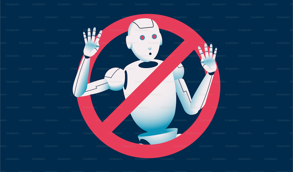 Robot en una señal de prohibición. Riesgos de IA, prohibición de la inteligencia artificial, concepto de ansiedad tecnológica. Ilustración vectorial.