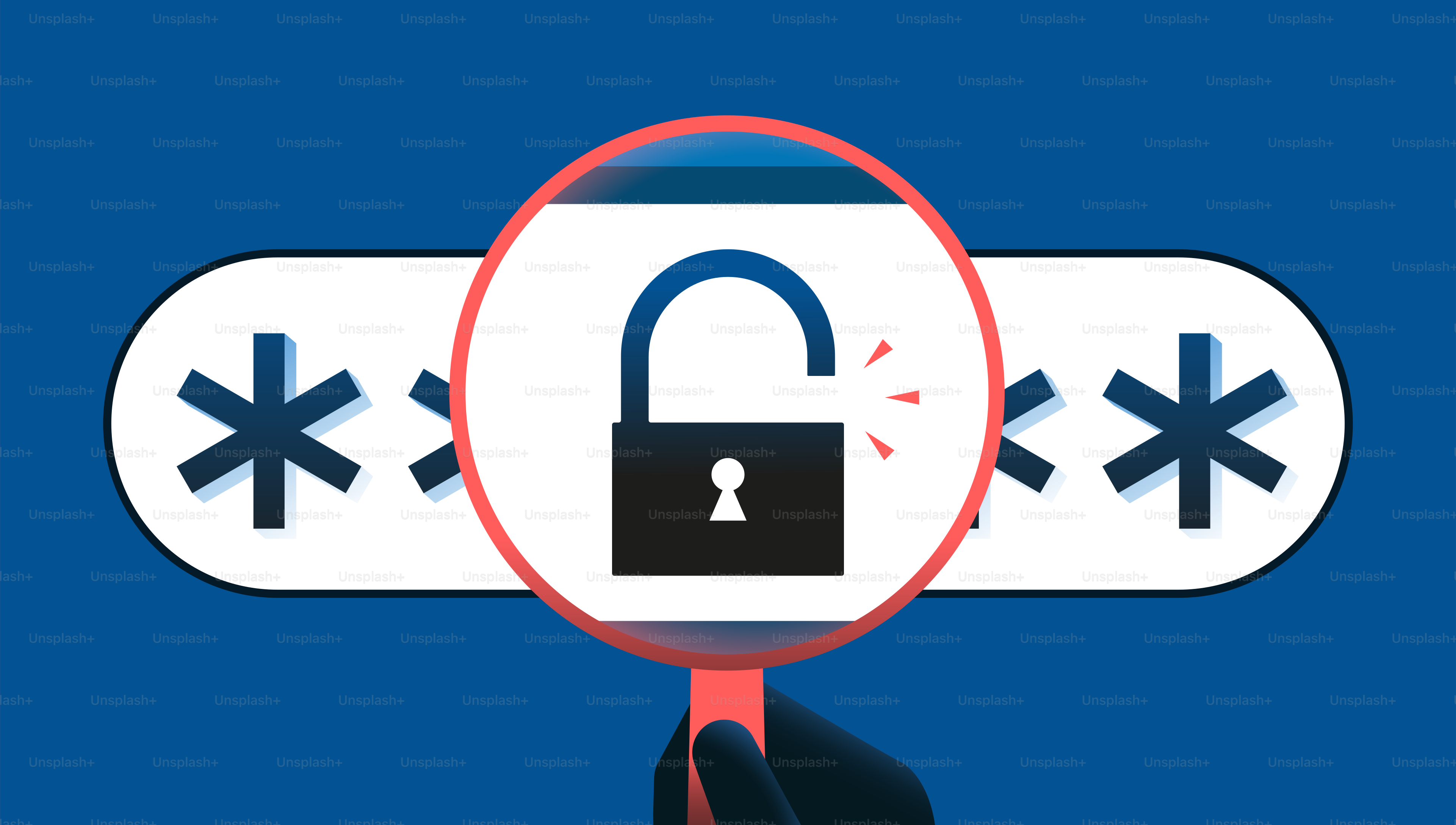 Hacker looking through magnifying glass at password. Hacking, cybercrime, cybersecurity concept. Vector illustration.