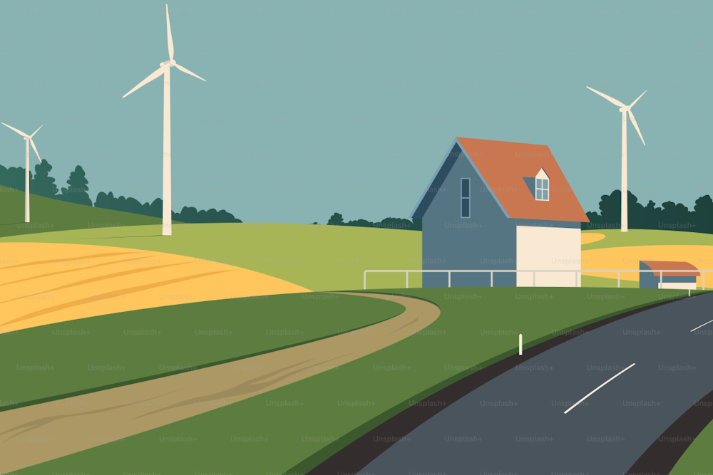Tranquilla campagna estiva e tre generatori eolici nei campi lungo la strada.