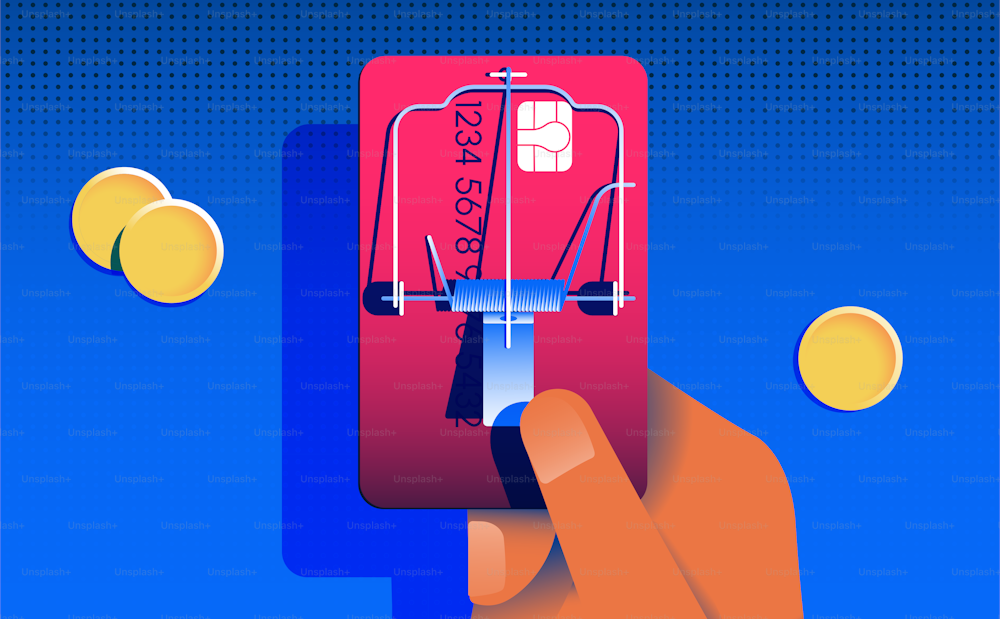 Hand holding credit card with mousetrap. Contactless payment security, phishing and skimming concept. Vector illustration.