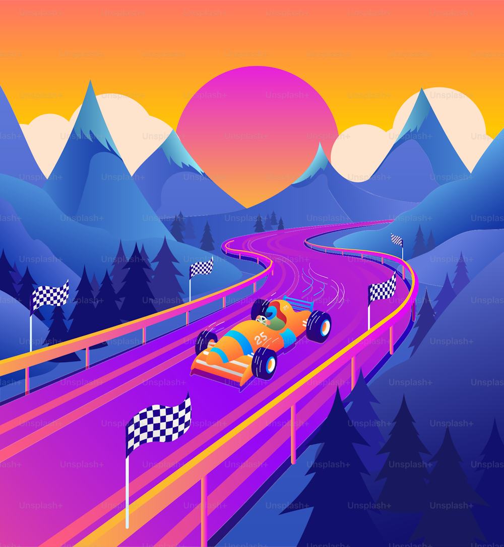 An exhilarating vector illustration portraying the essence of open-wheel single-seater racing car   racing in nature's embrace. A single car races through the outdoor track, nearing the thrilling climax at the finish line against a breathtaking sunset backdrop with mountains on the horizon. This dynamic artwork captures the intense drive for victory amid the stunning beauty of the natural world.
