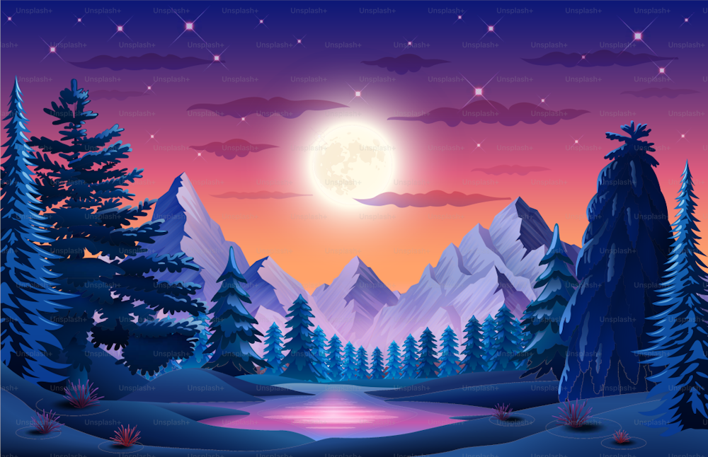 Un affascinante paesaggio invernale abbellito da alberi imponenti, montagne e un sereno sorgere della luna all'orizzonte, dipingendo un quadro di incantevole serenità. Paesaggio notturno. illustrazione vettoriale.