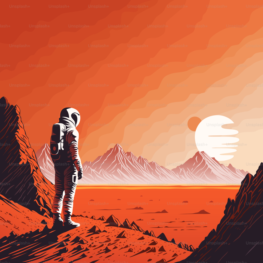 Cartaz espacial representando um astronauta na superfície de um planeta desconhecido. Estranha paisagem montanhosa e céus desconhecidos com duas luas.