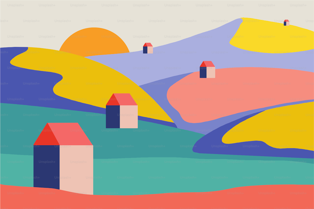 Ilustração de uma vila moderna em estilo geométrico