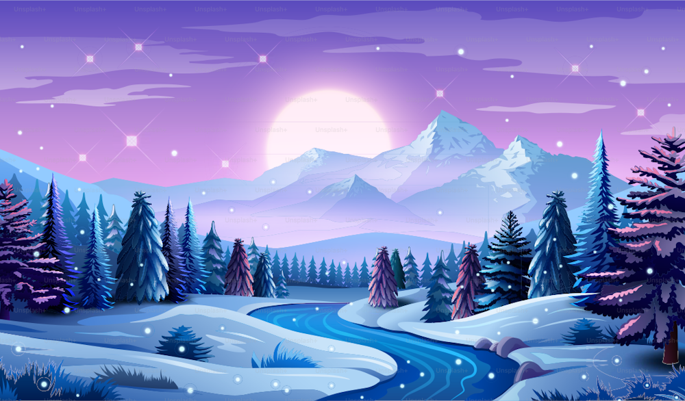 Eine malerische Winterlandschaft mit eleganten Bäumen, schneebedeckten Bergen und einem atemberaubenden Sonnenaufgang, der sanft den Horizont küsst und eine Szenerie von heiterer Schönheit schafft. Vektor-Illustration.