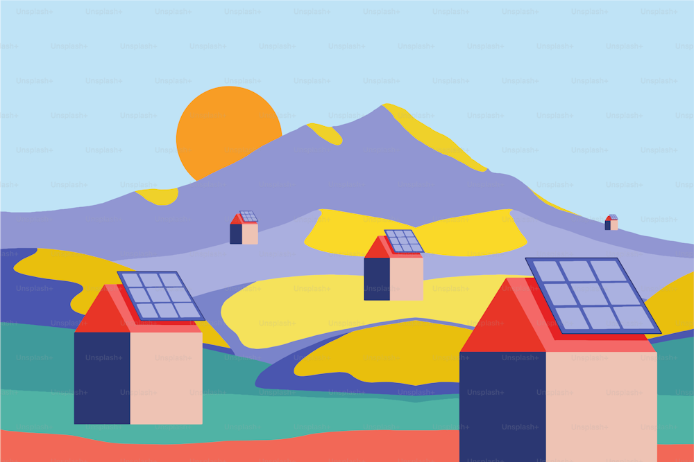 옥상에 태양 전지판을 설치하여 친환경적이고 지속 가능한 작은 마을. 기하학적 스타일