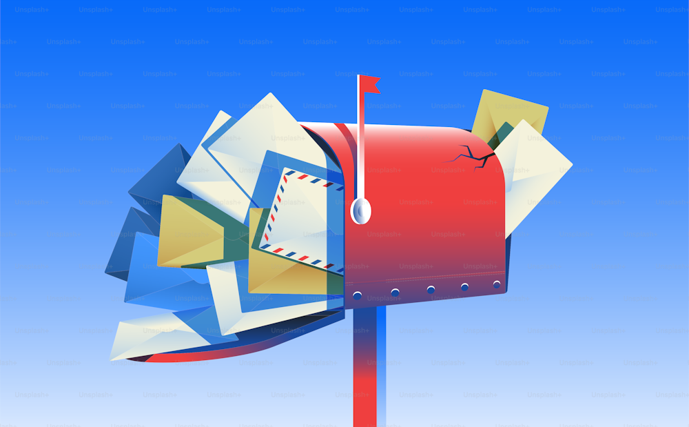 Broken mailbox full of letters. Spam problem, aggressive marketing concept. Vector illustration.