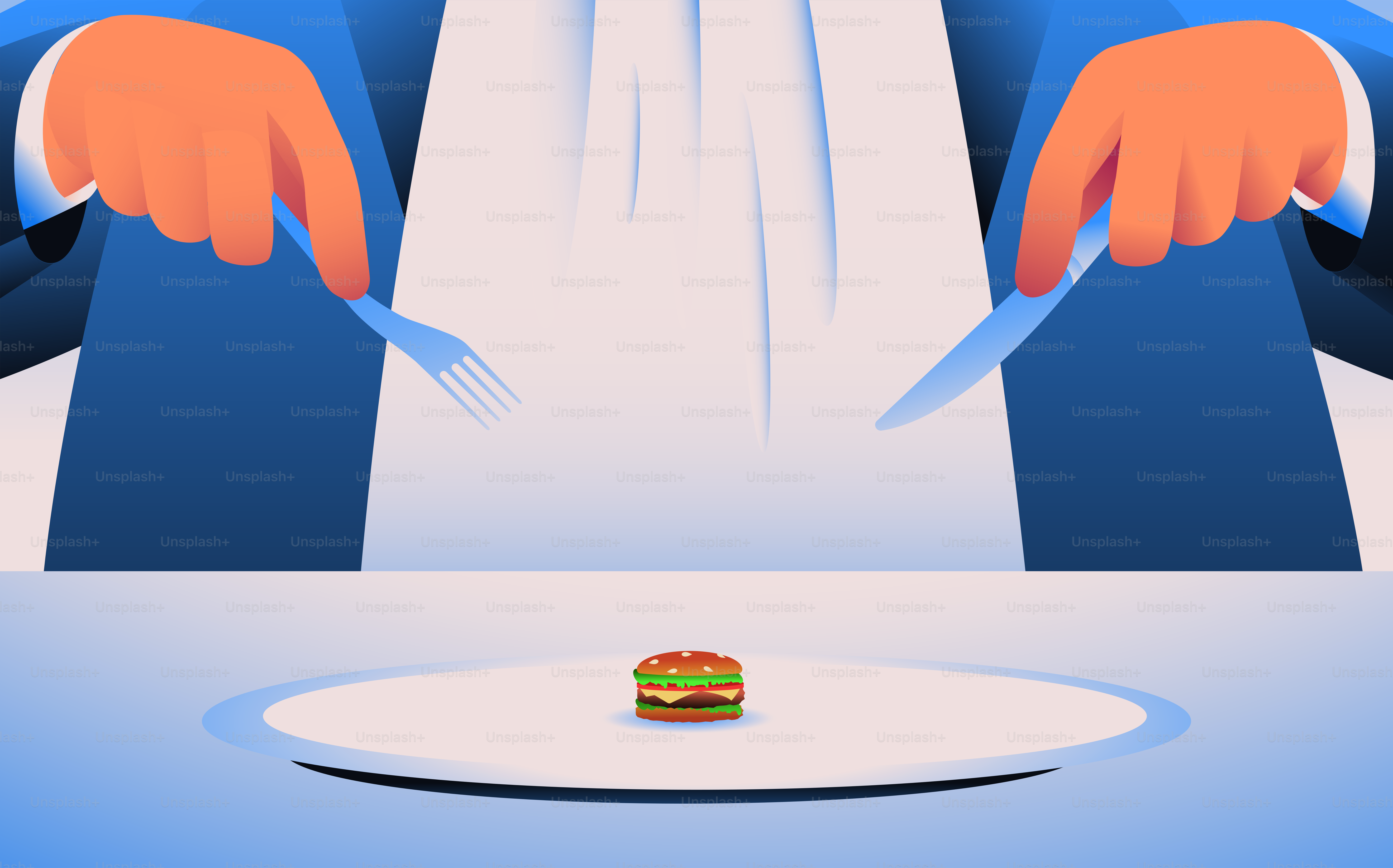 Un hombre grande comiendo hamburguesas diminutas. Concepto de reducción de costes de dieta. Ilustración vectorial.