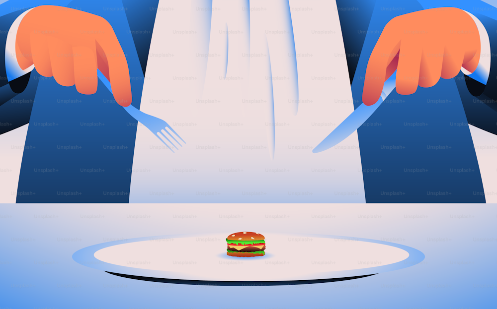 小さなハンバーガーを食べる大男。ダイエット、コスト削減のコンセプト。ベクトル図。