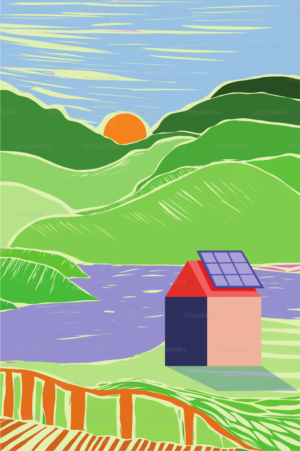 옥상에 태양 전지판을 설치하여 친환경적이고 지속 가능한 작은 마을. 판화 스타일