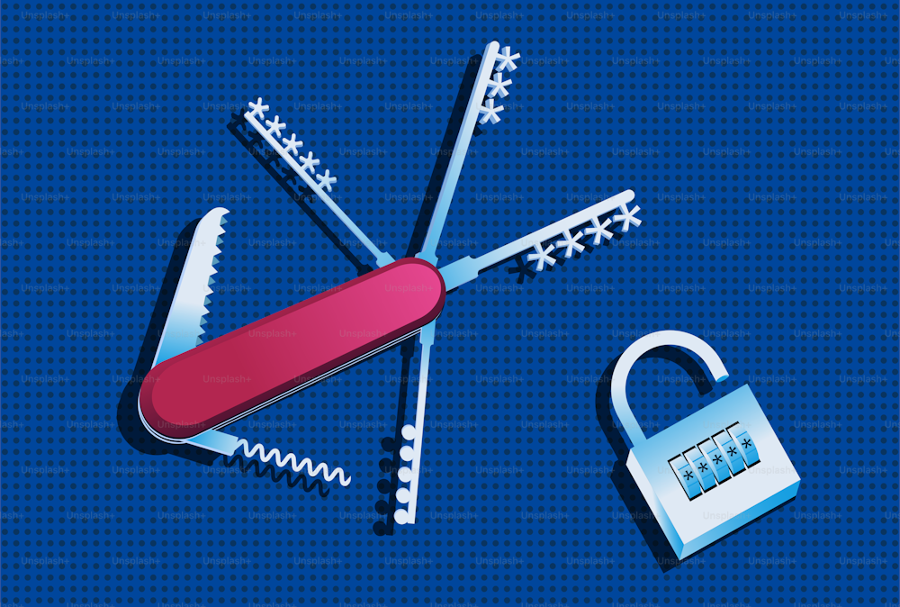 Schweizer Messer mit Passwortschlüsseln. Hacking, Internetsicherheit, starkes Passwortkonzept. Vektor-Illustration.