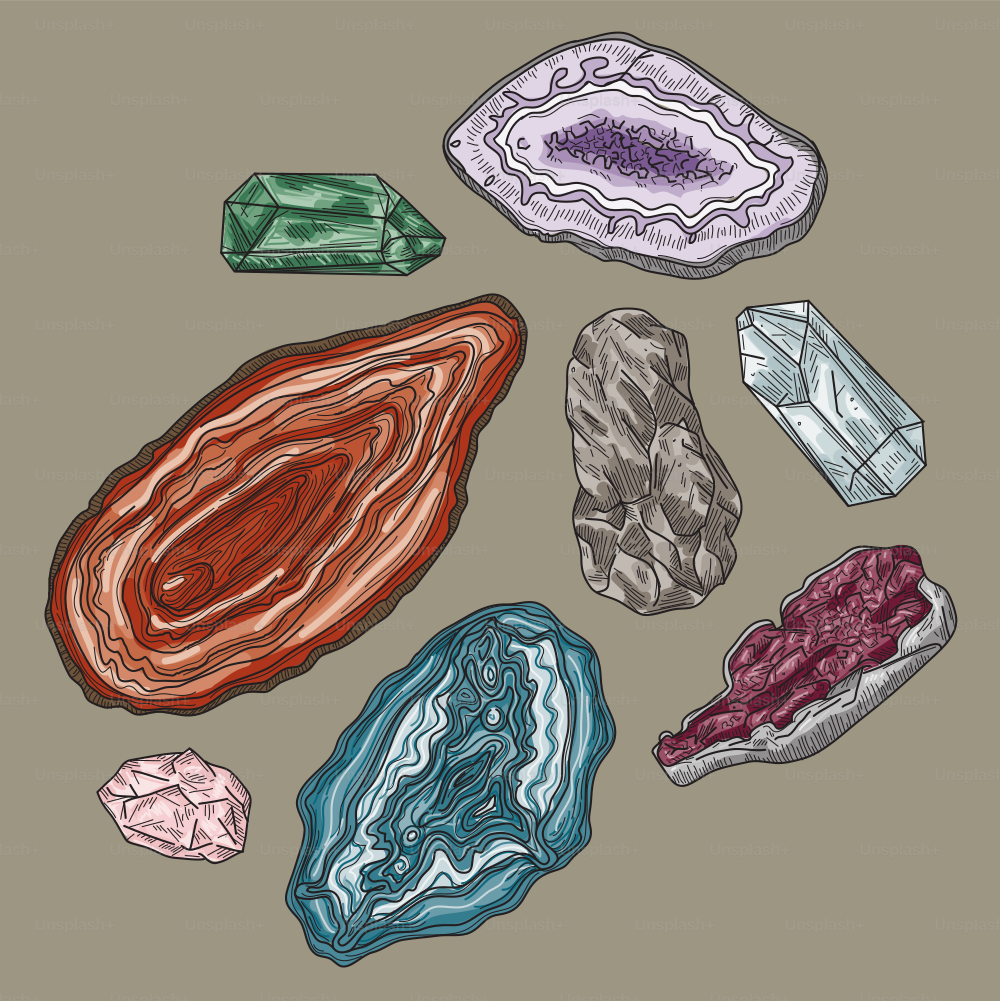 Una colección de geodas y rocas en una vista aérea. Colores globales, fondo fácil de quitar.